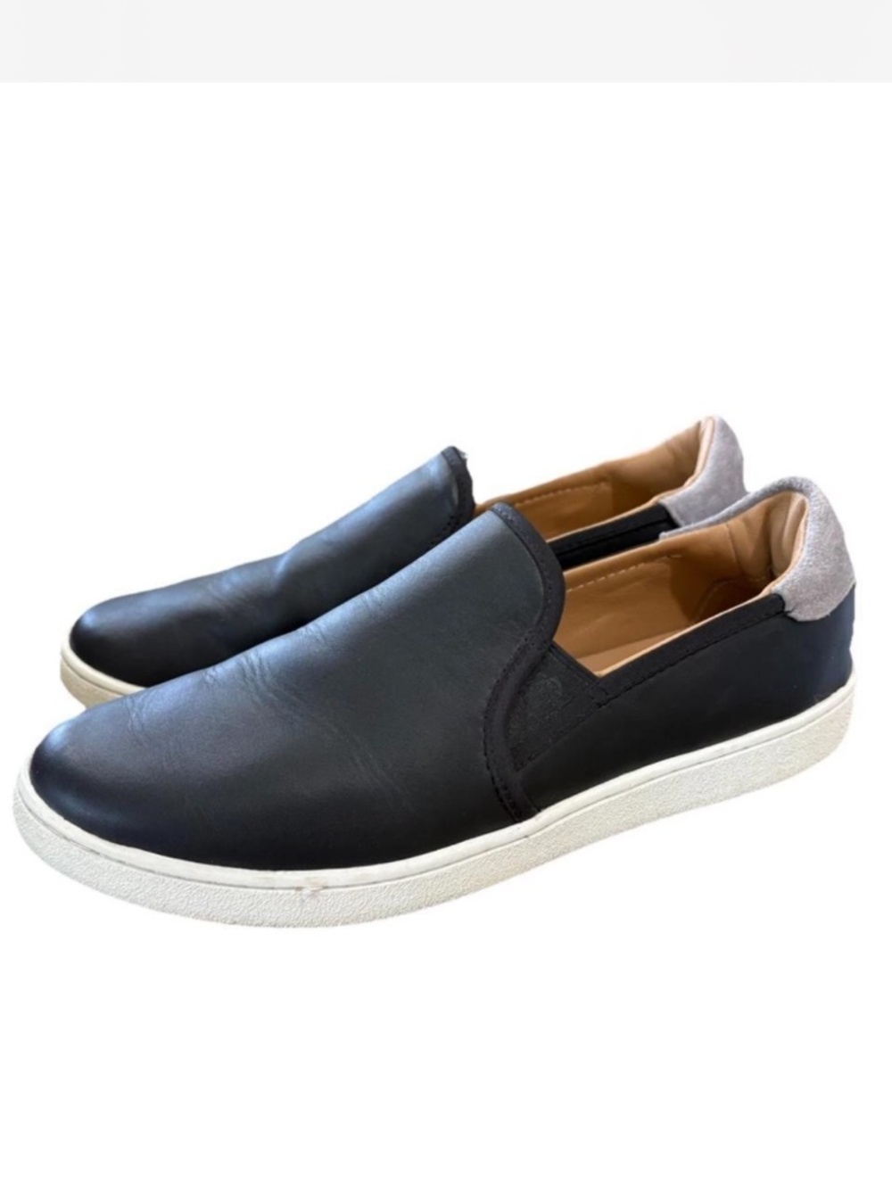 UGG Cas Black Leather Slip On Sneakers Suede Trim Platform Minimalist
